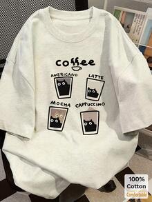 棉质字母咖啡图案中长款T恤，时尚休闲女式上衣 - 花灰色 - 查看 1