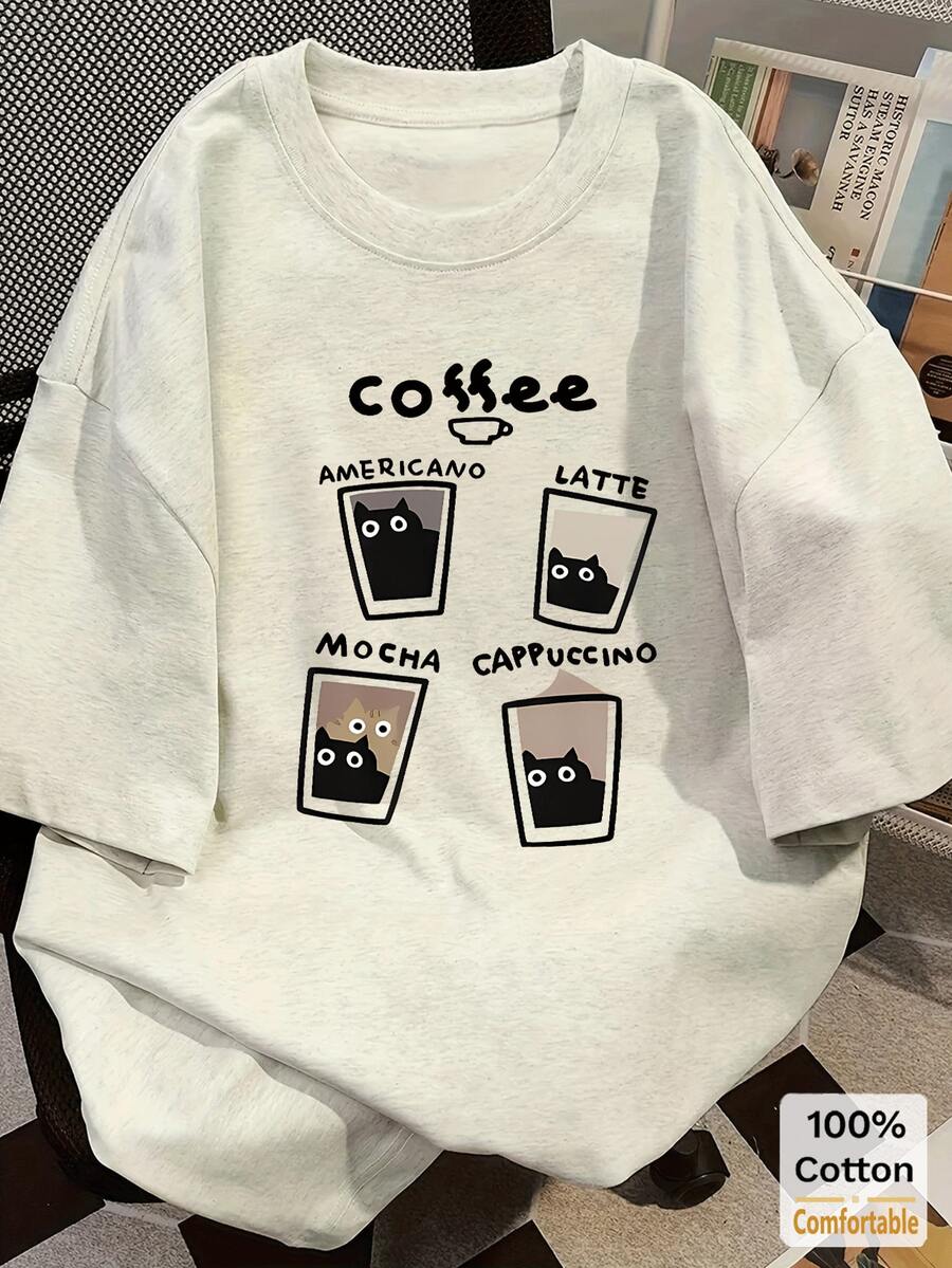 棉质字母咖啡图案中长款T恤，时尚休闲女式上衣 - 花灰色 - 查看 1