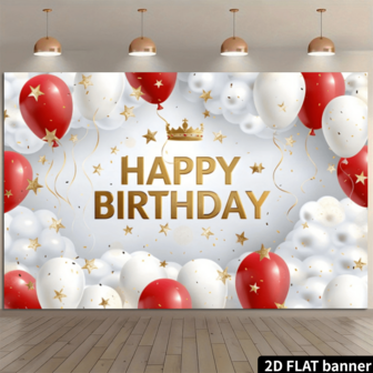 En livfull gyllene "Grattis på födelsedagen"-banderoll - Polyesterfotografibakgrund med röda och vita ballonger och en silverkrona, mångsidig tygbakgrund, lämplig för tårtbordsdekoration, festdekorationer, allmänna festevenemang, vår- och sommarhelger, ingen elektricitet krävs