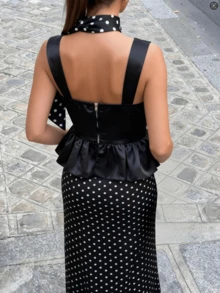 黑色波点套装，优雅缎面荷叶边上衣搭配修身长裙，女士 - 黑色 - 查看 8
