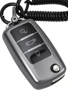 Matte Gray Durable Anti-Drop Car Key Case With Spring Keychain, Everyday Use - Black - View 5