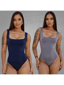 SET OF 2 Women's Square Neck Tank Top Bodysuits With Thin Straps In Spandex - NAVY BLUE GRAY - View 1