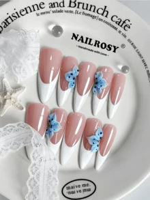 nailrosy 10Pcs Handmade Press On Nails Almond White Pink French Acrylic Beach Essentials Nail Supplies Stickers 3D Floral Manicure Y2K Cute Suitable For Girls And Women Festivals Parties And Daily Wear 2026 New Design Summer Spring Wedding Birthday Party - 白色 - 查看 2