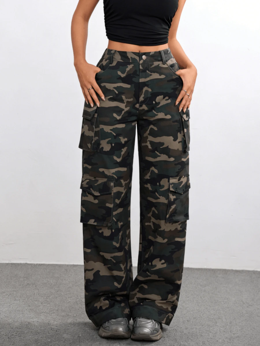 Women's Camo Print Wide-Leg Cargo Pants: Multi-Pocket Detail Piece For Edgy Streetwear Styling - xanh quân đội - Xem 1