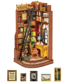 Robotime Rolife Reading Corner With Bookends – 3D Miniature Model Made Of Wood, Library Scene With LED Lighting, Foldable Bookends, Retro Desk Decoration, Suitable For Bookshelves - màu nâu - Xem 3