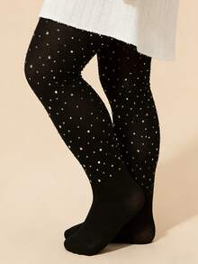 1pc Girls' Black Rhinestone Fashionable Casual Lightweight Breathable Leggings, Versatile For Daily Wear/Holiday Gift - Black - View 1