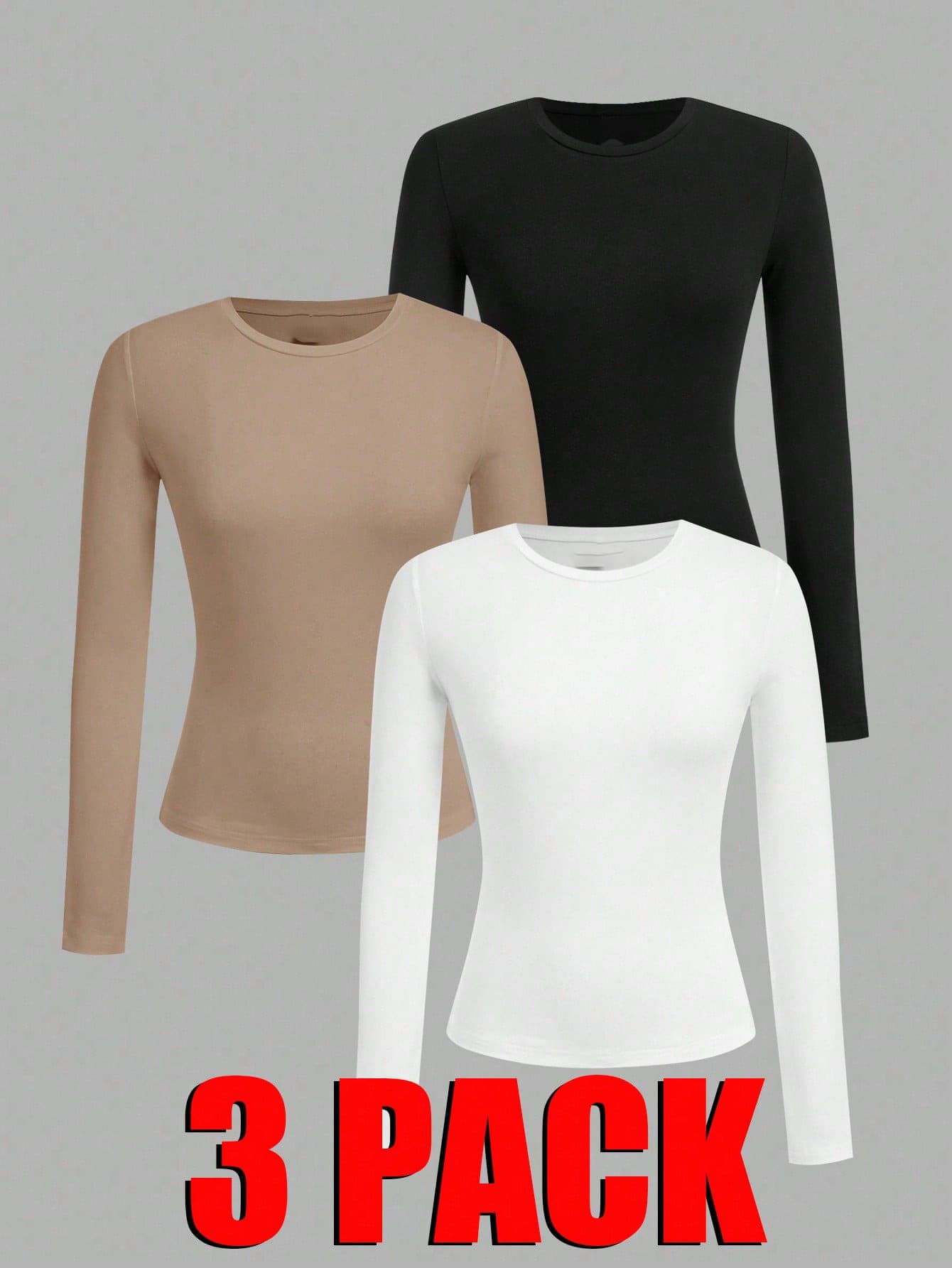 Paquete de 3 Playeras Termicas de Mangas Largas para Mujer con Cuello Redondo de gran calidad - Negro Beige Blanco - Ver 1