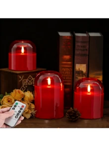 3pcs Acrylic Flameless Candles With Remote Control, Battery Powered LED Simulated Candles With Timer Function, Warm Light Decoration Lamp For Valentine's Day, Wedding, Holiday Party And Home Decor - Red - View 6