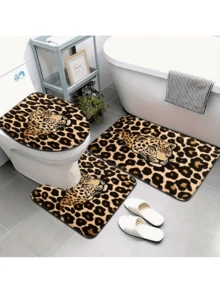 3件套时尚简约豹纹浴室地垫套装，包括吧台凳套和U型脚垫 - 彩色 - 查看 13