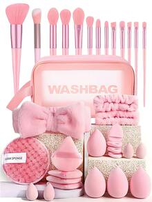34/33/20/13-Pink Makeup Brush Set,Makeup Tool Set: Includes 13 Pink Makeup Brushes, Powder Puffs, And Makeup Sponge. Everyday Makeup Set, Travel Makeup Set, Brushes, Sponges, Headbands, And Toiletry Bag - An Essential Beauty Set." - Pink - View 12