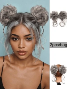 2pcs Cute Bun Hair Scrunchie, Kids Girls Fake Hair Buns Hair Band With Long Hair Extensions