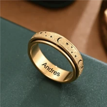 Personalized Custom Rotating Ring For Men And Women, Silvery Gold Black Can Choose Stainless Steel Ring 6mm Wide Customized Engraved Name Couple Ring Engagement Wedding Gift Decompression Relieve Anxiety Hand Jewelry For Husband Wife - Golden Star and Moon - View 4