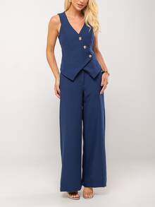 Elegant Women's Tailored Set - Navy Blue Pants And Vest With Metal Buttons - 藏蓝色 - 查看 4