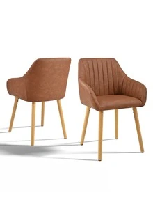 Chaises de salle à manger modernes rembournées à rayures verticales avec accoudoirs et pieds en bois massif pour salle à manger, cuisine, salon - Lot de 2 / Lot de 4 / Lot de 6 - Tabac - Voir 14