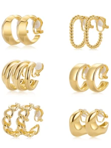 Yanxyad 1/6对女士夹式耳环，粗款无耳洞耳环，锆石珍珠结牛角包形管状扭纹耳钉耳环套装，假耳环夹式饰品，14K镀金镀银 - 金色 - 查看 4