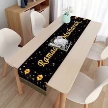 This Premium Holiday-Themed Table Runner Is Crafted From Thick, Textured Linen Fabric. Featuring A Classic Rectangular Design, It Drapes Elegantly Over The Table With A Sophisticated Black Base. Vibrant Gold-Printed Lanterns, Crescent Moons, And Star Patterns Shimmer Dynamically Against The Dark Backdrop
