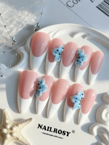 nailrosy 10Pcs Handmade Press On Nails Almond White Pink French Acrylic Beach Essentials Nail Supplies Stickers 3D Floral Manicure Y2K Cute Suitable For Girls And Women Festivals Parties And Daily Wear 2026 New Design Summer Spring Wedding Birthday Party - 白色 - 查看 1