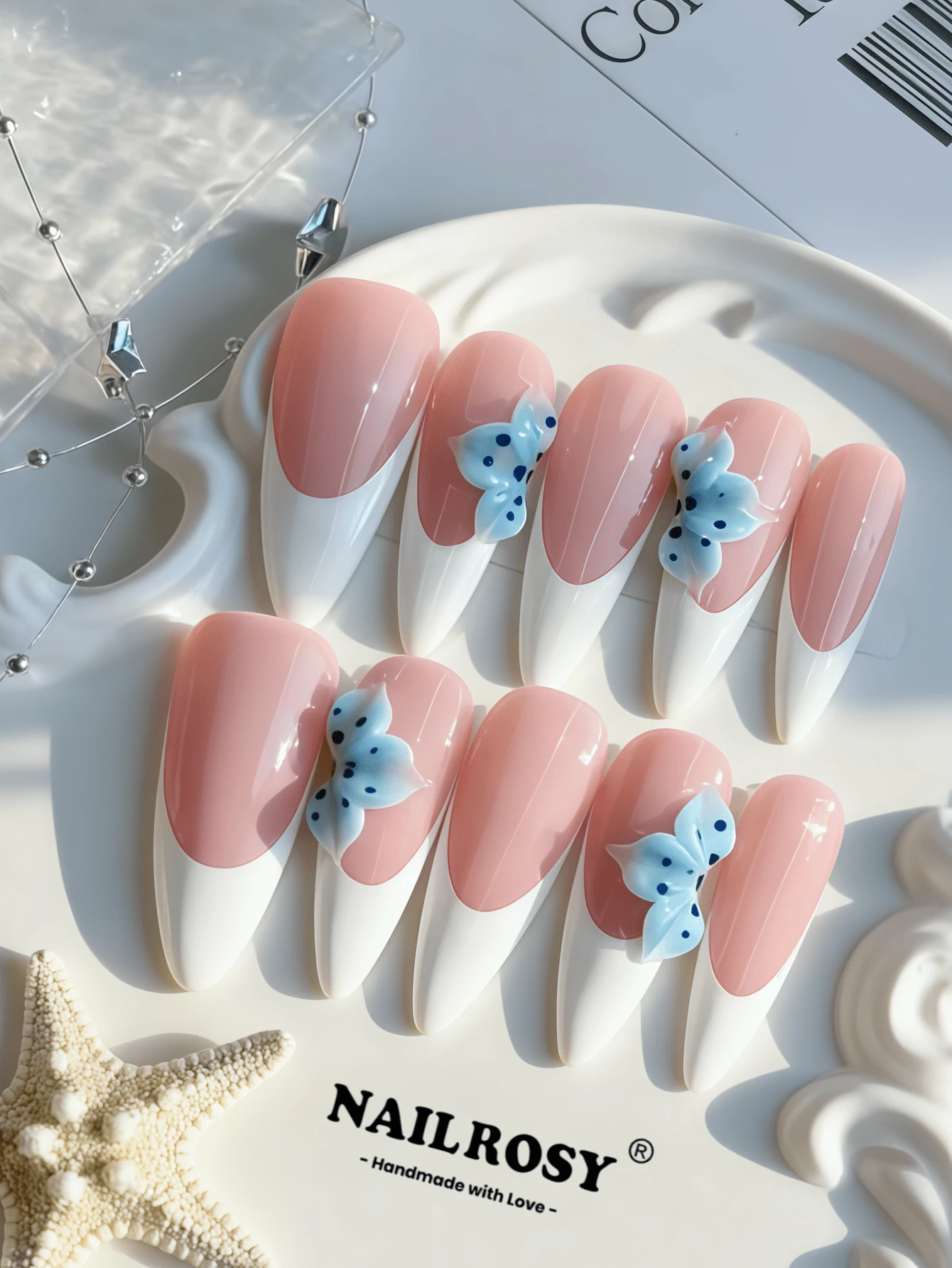 nailrosy 10Pcs Handmade Press On Nails Almond White Pink French Acrylic Beach Essentials Nail Supplies Stickers 3D Floral Manicure Y2K Cute Suitable For Girls And Women Festivals Parties And Daily Wear 2026 New Design Summer Spring Wedding Birthday Party - 白色 - 查看 1