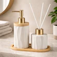 Bathroom Set With Bamboo Tray, Room Freshener, Liquid Soap Dispenser 375 - White - View 1