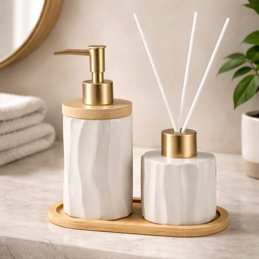 Bathroom Set With Bamboo Tray, Room Freshener, Liquid Soap Dispenser 375 - White - View 1