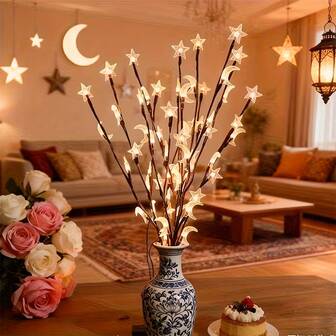 1pc Star & Moon Simulated Branch Light (Indoor String Light), Creative Night Light For Room/Bedroom Decor, Suitable For Eid Mubarak Muslim Islamic Party And Home Decoration String Lights, Applicable For Holiday Room And Party, Islamic Gathering Decor, Bedroom Night Light, Decorative Lighting String, Party Decor Lights, Classic Style Lighting, Floral Festival Theme (Battery Powered - Batteries Not Included)