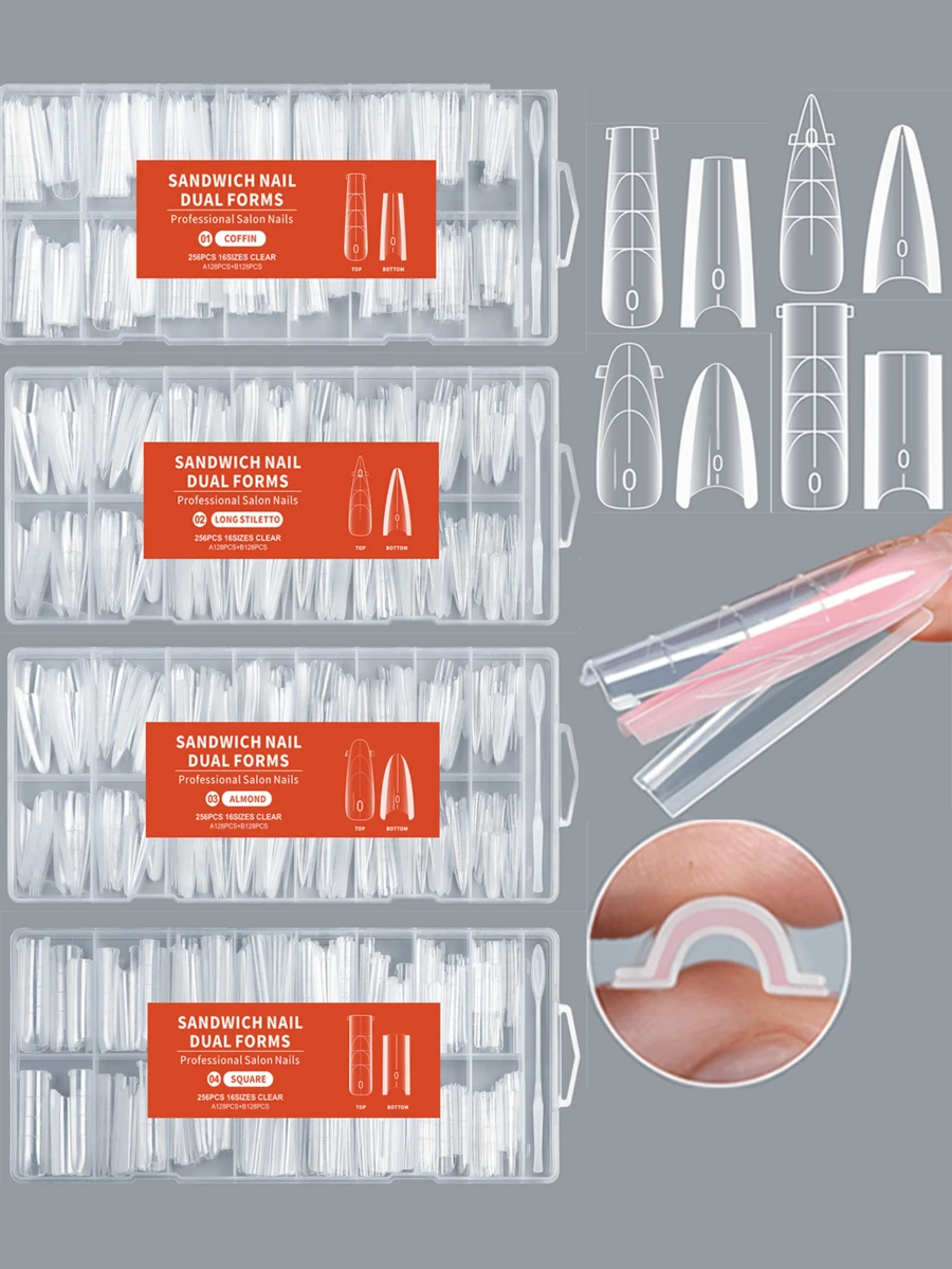 256片三明治式美甲模具 - 无需纸质甲片，快速延长凝胶/亚克力美甲。128片上模+128片下模，16种尺寸完美贴合。自然延长，无需叠加，表面带有引导线，夹层式设计，非常适合家庭美甲DIY和美甲沙龙使用。