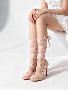Ballet Heels Satin Stiletto Heels For Women Close Square Toe Bow Lace Up Ribbon Strappy Mary Jane Slingback Ballerina Pumps Lolita Party Wedding Prom Dress Shoes Cute Aesthetic Heels - 裸色 - 查看 4