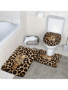 3件套时尚简约豹纹浴室地垫套装，包括吧台凳套和U型脚垫 - 彩色 - 查看 4