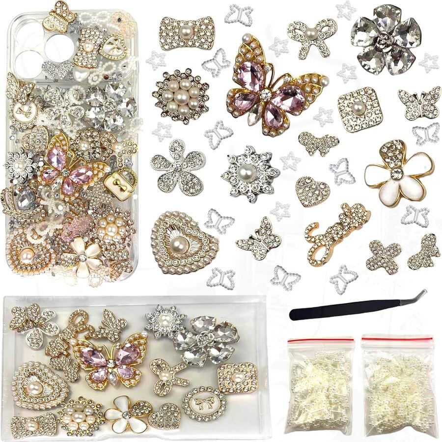 AVELICE Junk Case Large Charm Kit With Sparkly Decor, Romantic Classic Diamond Phone Case Charms, Big Pearl Diamond Butterflies, Diamondd Flowers For DIY Girls & Social Media Crafting - Mixing Colors - 查看 1