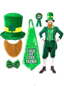 4 件套爱尔兰派对帽套装，圣帕特里克节三叶草帽（带胡须）、爱尔兰高顶礼帽、领带和领结、派对表演帽