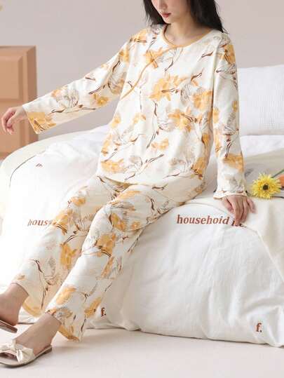 2pcs/Set Women Floral & Crane Print Pajama Set, Includes Long Sleeve T-Shirt And Cropped Pants, Comfortable And Versatile For Spring, Summer, Autumn And Winter