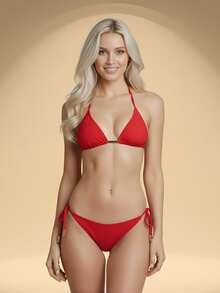 Bikini Set With Thong Bottom With Tie-Side Details And Triangle Top With Tips, Detail Between The Bust And Opening For Removable Padding, Made Of Polyester Microfiber - Spring/Summer - 熱帶紅 - 查看 9