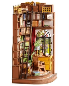 Robotime Rolife Reading Corner With Bookends – 3D Miniature Model Made Of Wood, Library Scene With LED Lighting, Foldable Bookends, Retro Desk Decoration, Suitable For Bookshelves - màu nâu - Xem 2
