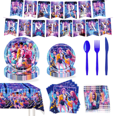 Mattel 96pcs K-Pop Birthday Party Supplies - K-Pop Birthday Warrior Music Concert Backdrop, Cups, Plates, Tablecloth, Balloons, Candy Cake Decorations