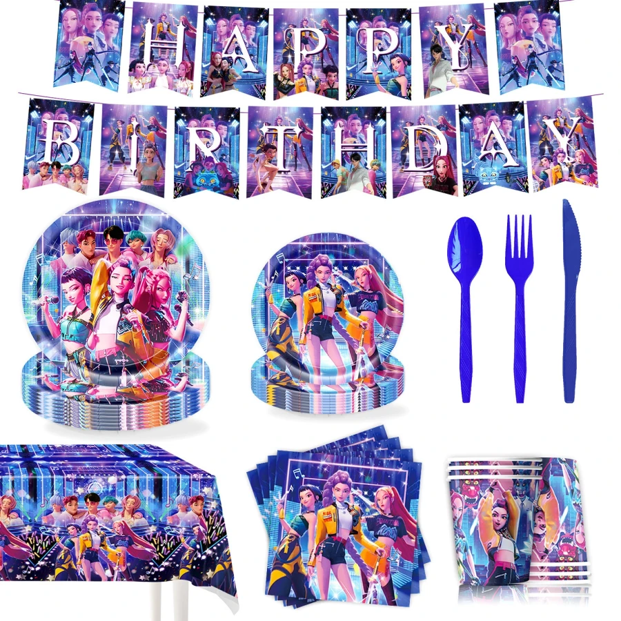 Mattel 96pcs K-Pop Birthday Party Supplies - K-Pop Birthday Warrior Music Concert Backdrop, Cups, Plates, Tablecloth, Balloons, Candy Cake Decorations