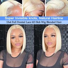 Perruque de cheveux vierges brésiliens de 180% de densité, 14 pouces, HD 13x4 Lace Frontal, coupe au carré droite, couleur blonde #613, mélangée avec des fibres, pour femmes, avec une ligne de front naturelle pré-épilée, longueur de 10 à 14 pouces, 30 pouces de long, pour un usage quotidien - S613 - Voir 5