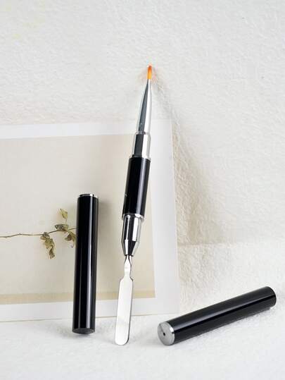 Beautizon Nailartlab Bolígrafo multifuncional 2 en 1 para arte de uñas, cepillo de gel UV de doble cabezal con espátula, mango de metal negro portátil, herramienta de manicura para uso doméstico y salón