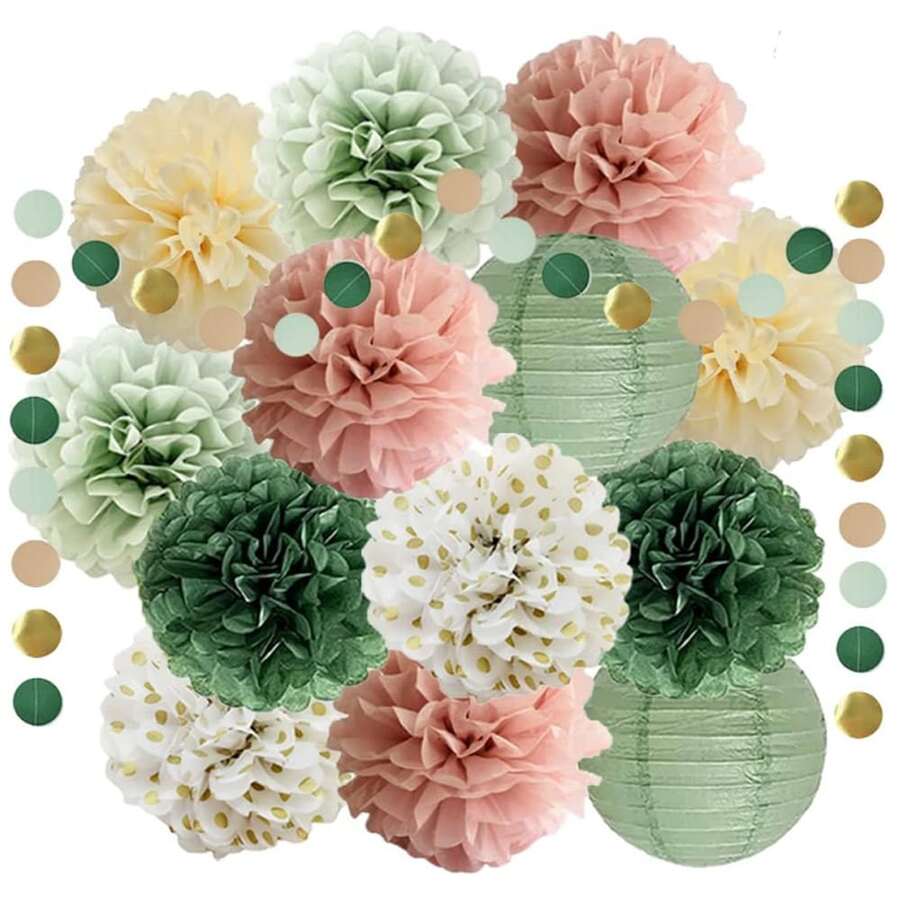 14件套波西米亚风纸灯笼和绒球装饰套装，鼠尾草绿和浅粉色，适用于婚礼、新娘送礼会、生日派对、圣诞节、复活节、圣帕特里克节、情人节 - 彩色 - 查看 1