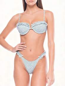 Women's 2 Piece Swimsuits Spaghetti Strap Floral Print Ruffle Bikini Set Summer Bathing Suits - Blue - View 5