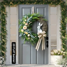 2D Door Banner, Easter Bunny Spring Wreath Door Banner - Floral Design With Plush White Rabbit And Golden Bow, Polyester, Easy To Hang, Includes Gift Box, Ideal For Seasonal Home Entryway Decor - Multicolor - View 4