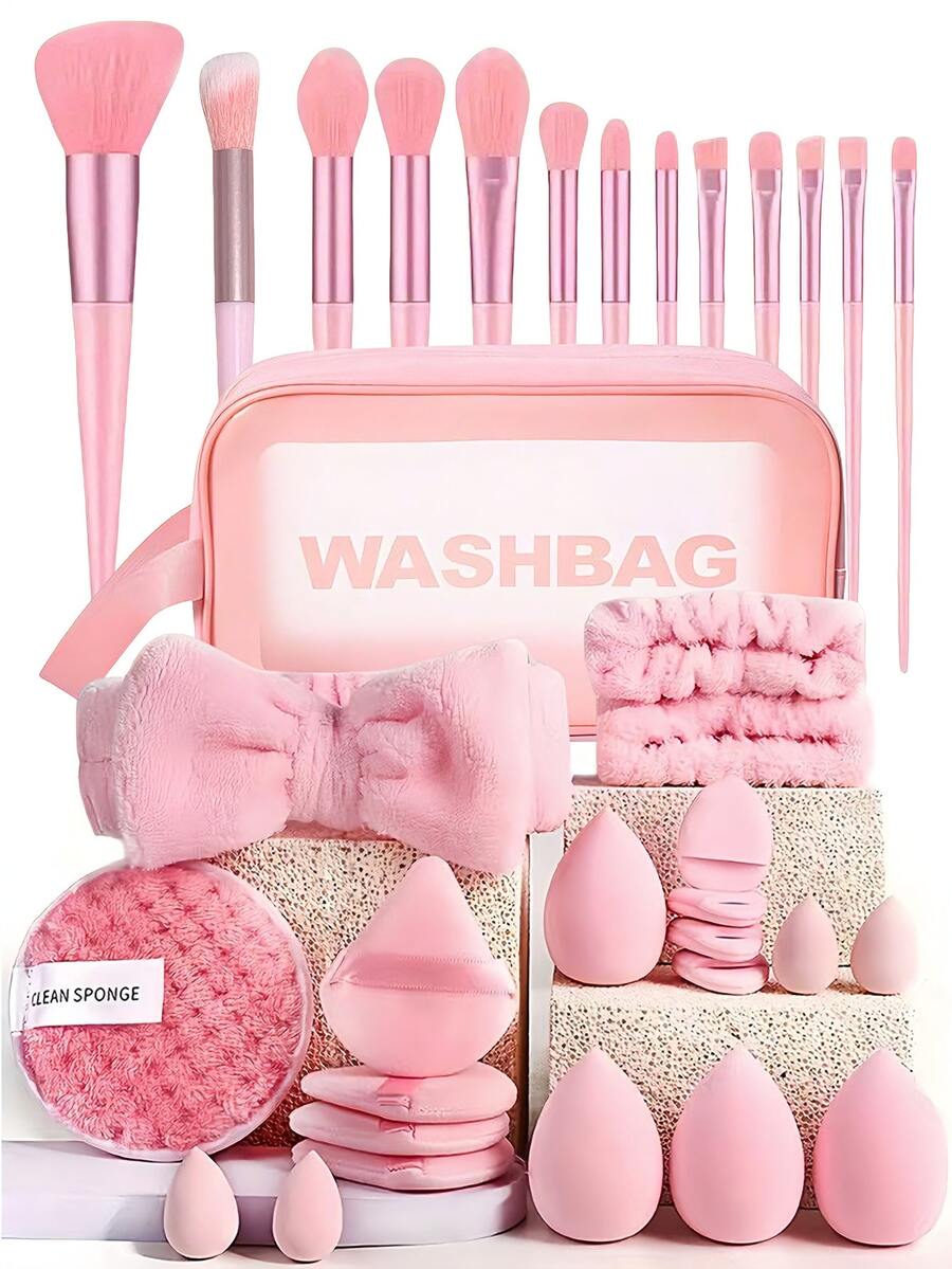 34/33/20/13-Pink Makeup Brush Set,Makeup Tool Set: Includes 13 Pink Makeup Brushes, Powder Puffs, And Makeup Sponge. Everyday Makeup Set, Travel Makeup Set, Brushes, Sponges, Headbands, And Toiletry Bag - An Essential Beauty Set." - Pink - View 1