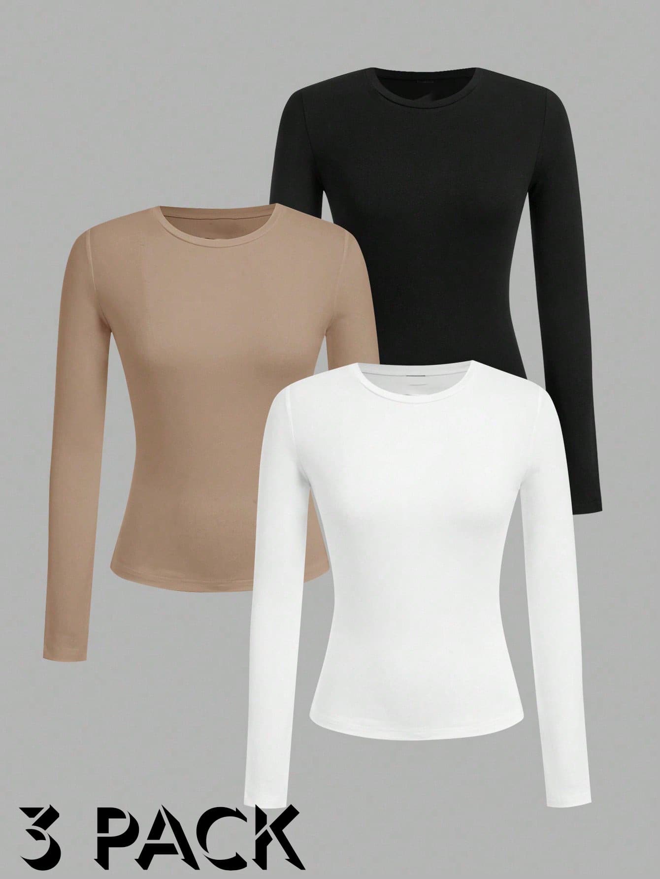 Paquete de 3 Playeras Termica de Mangas Largas de Mujer con Cuello Redondo de gran calidad - Negro Beige Blanco - Ver 1