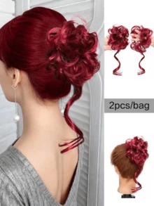 2pcs Cute Bun Hair Scrunchie, Kids Girls Fake Hair Buns Hair Band With Long Hair Extensions