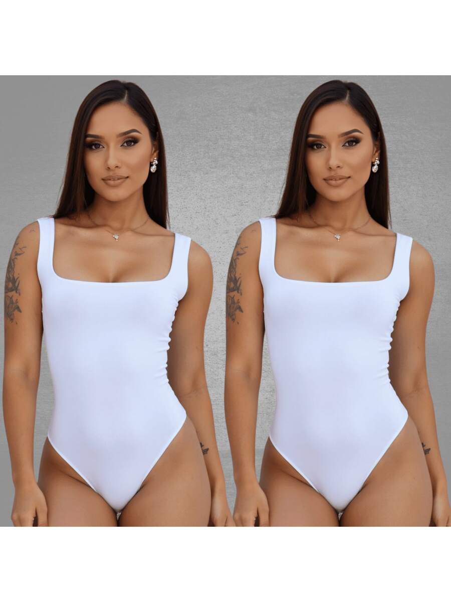 SET OF 2 Women's Square Neck Tank Top Bodysuits With Thin Straps In Spandex - WHITE WHITE - View 1