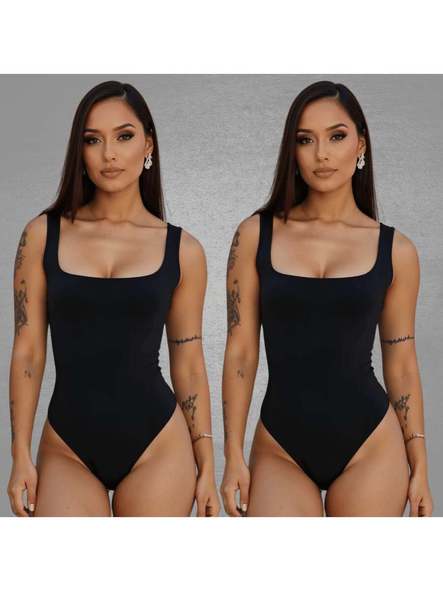SET OF 2 Women's Square Neck Tank Top Bodysuits With Thin Straps In Spandex - BLACK BLACK - View 1