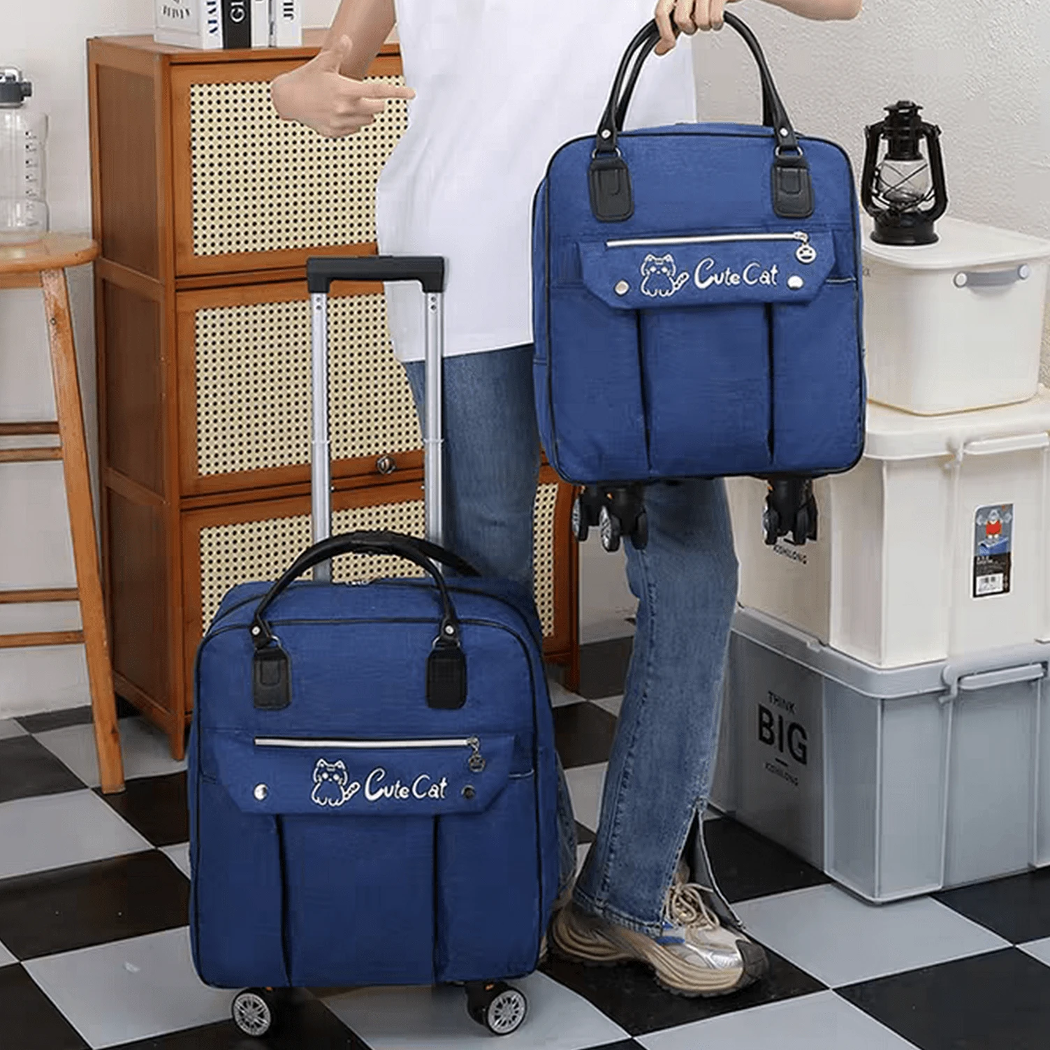 2pcs/Set 20" Underseat Carry On Luggage Oxford Expandable Softside Upright Luggage Set With 4 Spinner Wheels Rolling Travel Bags For Men Women - 寶藍色 - 查看 1