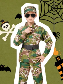 儿童军装套装，男女童皆宜，包含士兵军装和军事玩具，儿童万圣节生日服装，男孩士兵角色扮演套装 - 彩色 - 查看 14