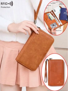 新款RFID屏蔽拉链钱包护照夹收纳包，多功能大容量护照夹，时尚旅行收纳包，适用于飞机、旅行、健身、露营、邮轮、度假等场合，轻便防水，旅行必备，男女通用，旅行必备，假日必备，返校必备 - 棕色 - 查看 2
