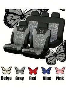 9pcs 4pcs Universal Fit Butterfly Pattern Embroidery Car Seat Covers - Polyester Fabric, All-Season, Airbag Compatible, Hand Washable - For SUV, Sedan, Van (4pcs Include 2-Seat & 9pcs Include 5-Seat Options)