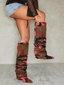 Fall/Winter Knee High Boots For Women Pleated Shoes Pointed Toe Solid Color Side Zipper Wedges High Heels Fashionable Outdoor Party Boots Black Shoes Halloween Easter Motorcycle Shoes - 粉色 - 查看 7